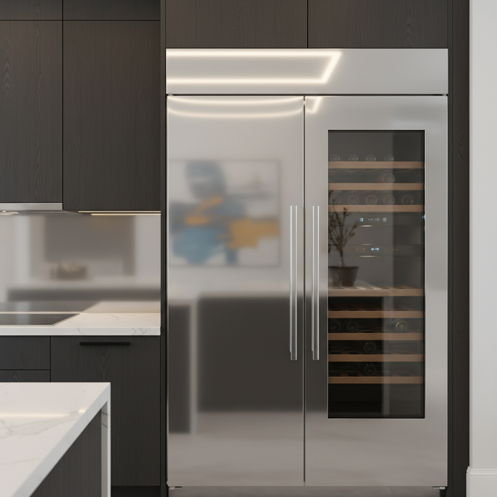 High-end kitchen close-up with built-in refrigerator and wine cooler