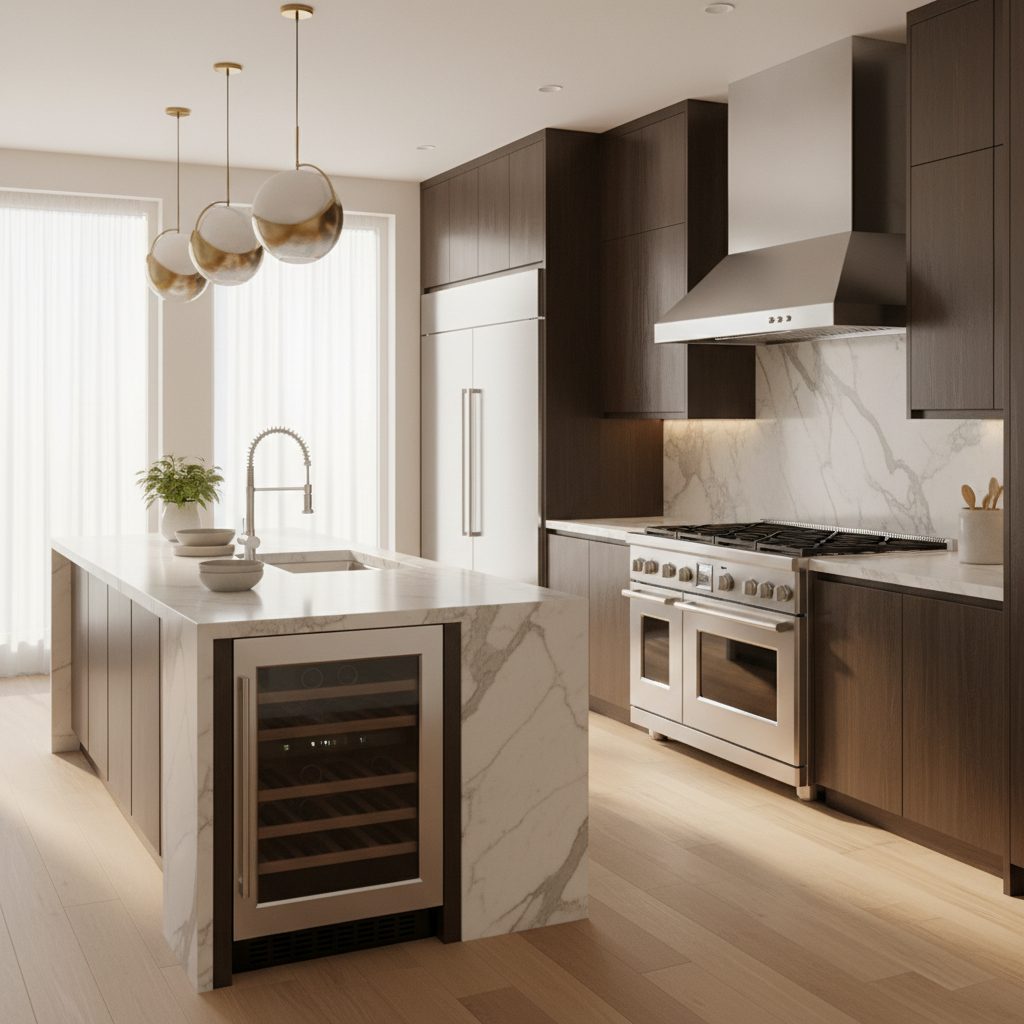 Luxury kitchen with stainless steel refrigeration and wine cooler