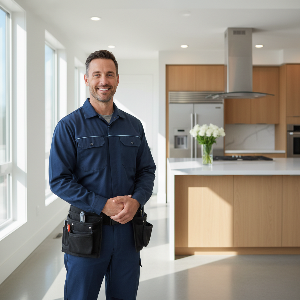 Smiling appliance repair technician in a bright modern kitchen