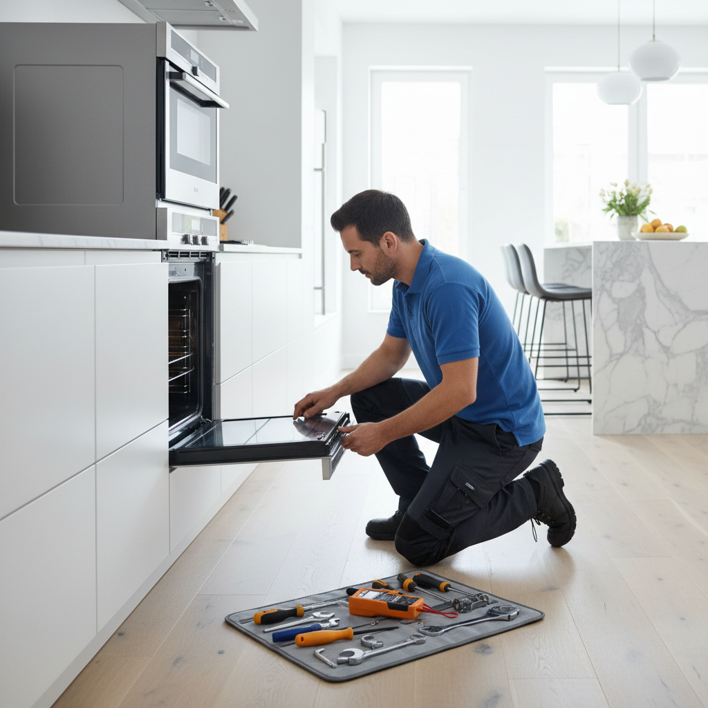 Technician repairing a built-in appliance in a modern kitchen